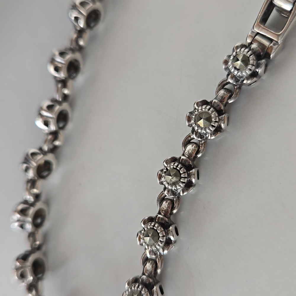7" Sterling Silver Round Marcasite Stone Link Tennis Bracelet